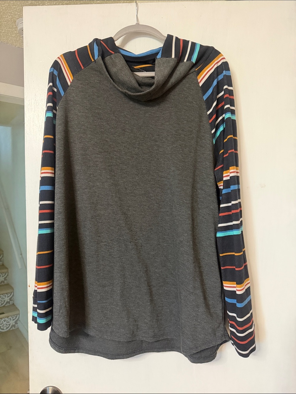 Chic Soul Charcoal Top with Multicolor Stripe Sleeves